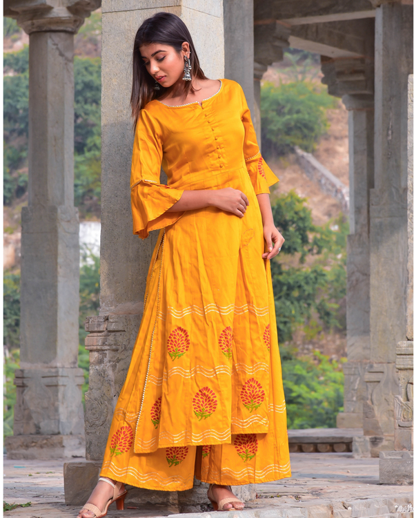 Mustard yellow block printed kalidar kurta and palazzo set- set of two 2