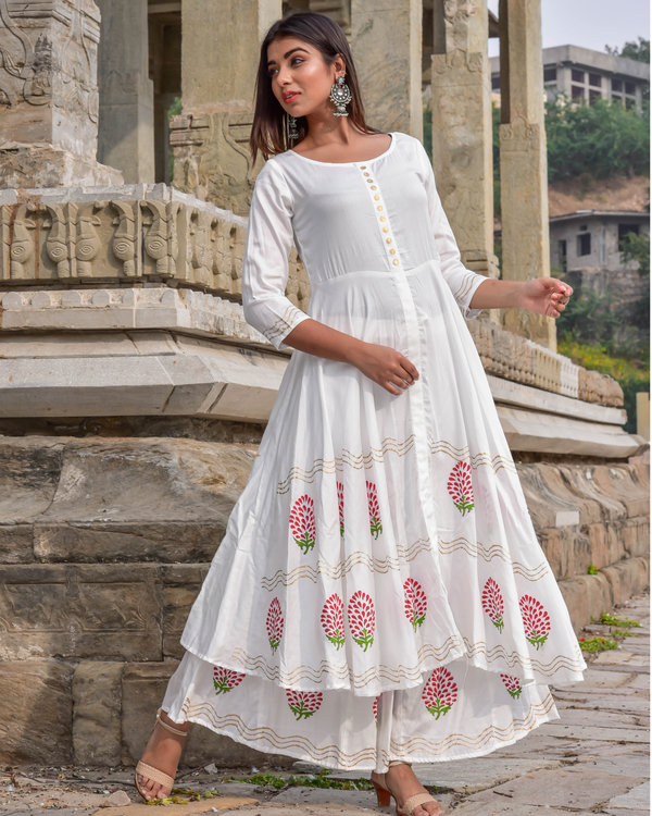 White floral block printed flared kurta and palazzo set- set of two 2