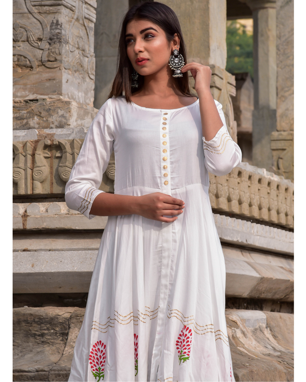 White floral block printed flared kurta and palazzo set- set of two 3