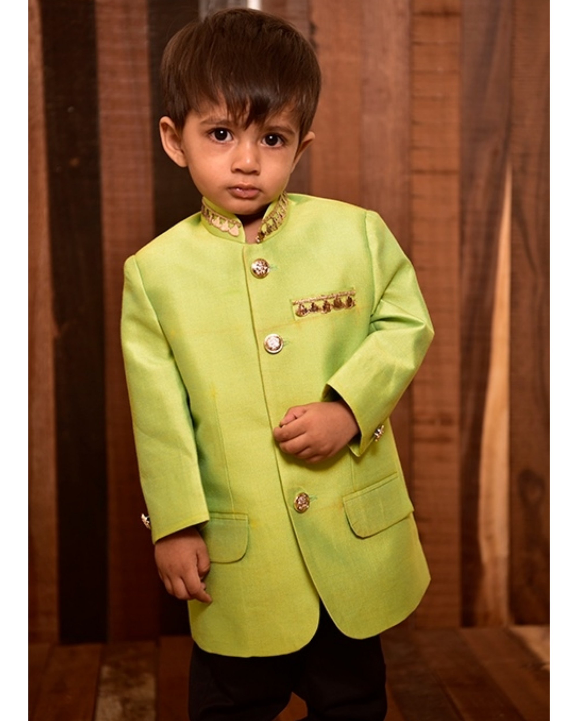 Green sherwani with black pant - set of two by Ruffle Buds | The Secret 