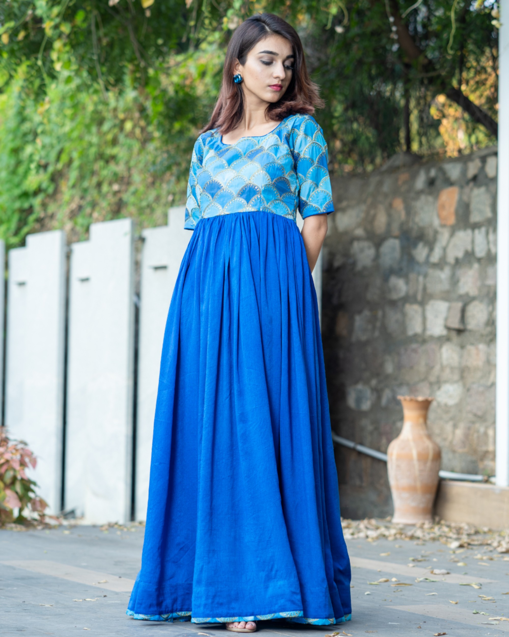 Egyptian blue gathered dress with scalloped yoke and dupatta - set of ...