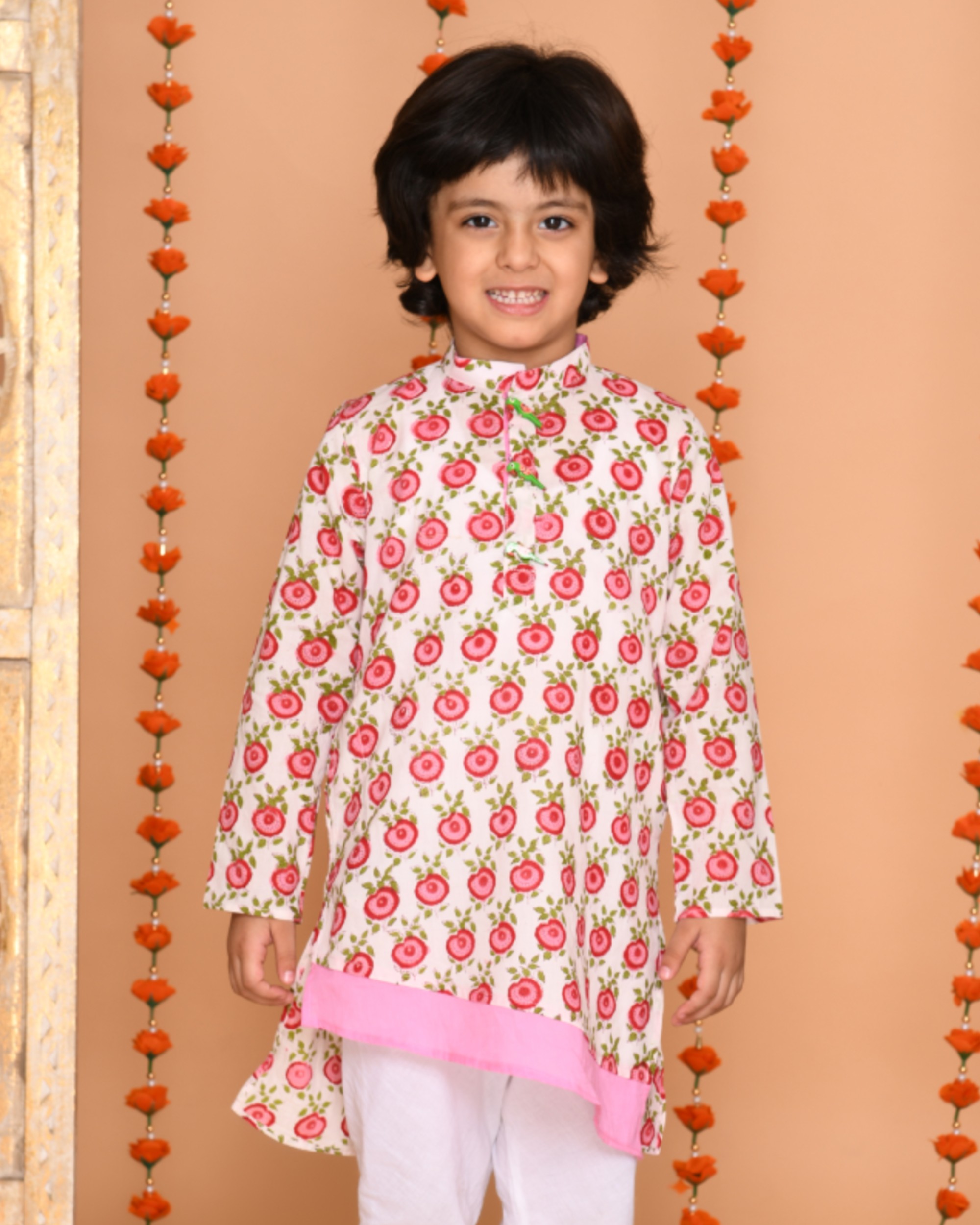 White And Pink Block Printed Asymmetrical Kurta And Pyjama Set Set Of Two By Saka Designs The 8922