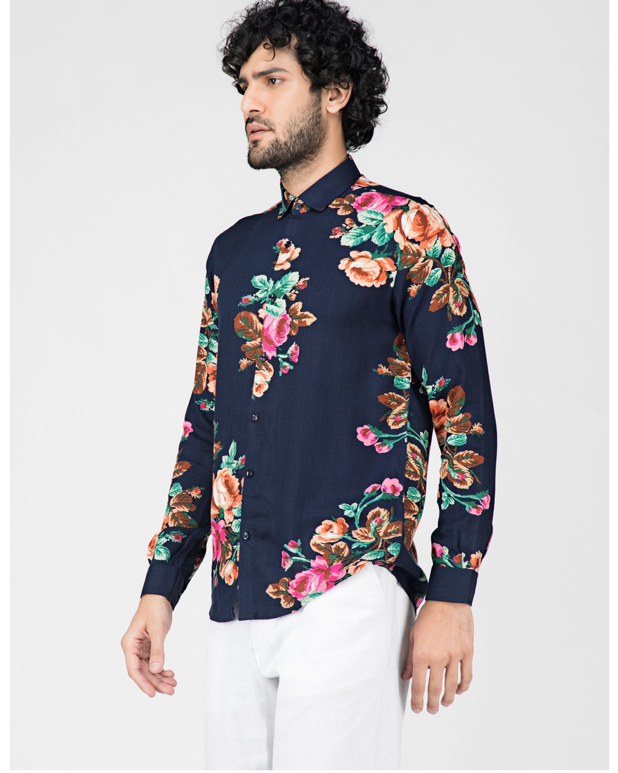 Navy blue floral printed casual shirt by Green Hill | The Secret Label
