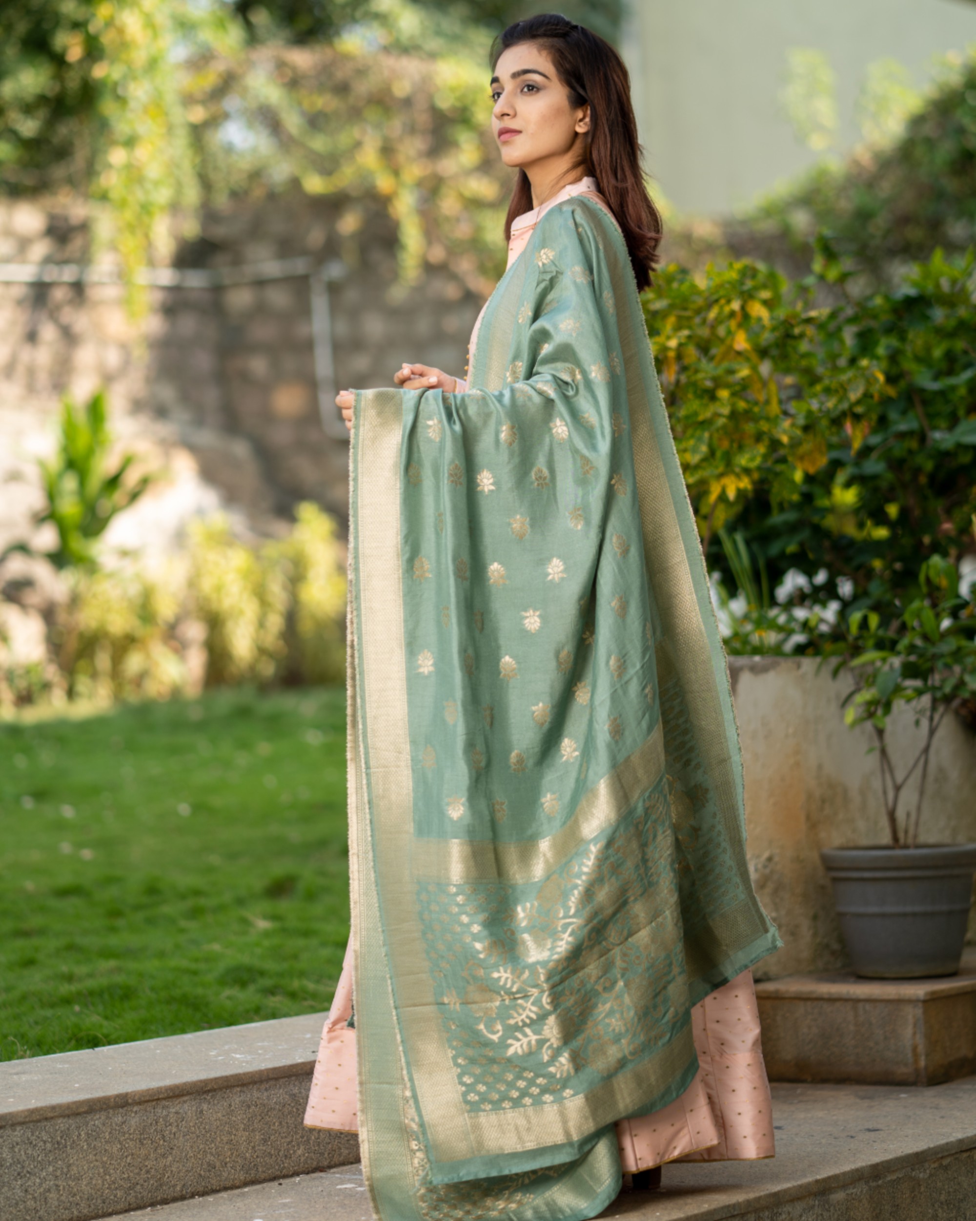 peach colour gown with dupatta