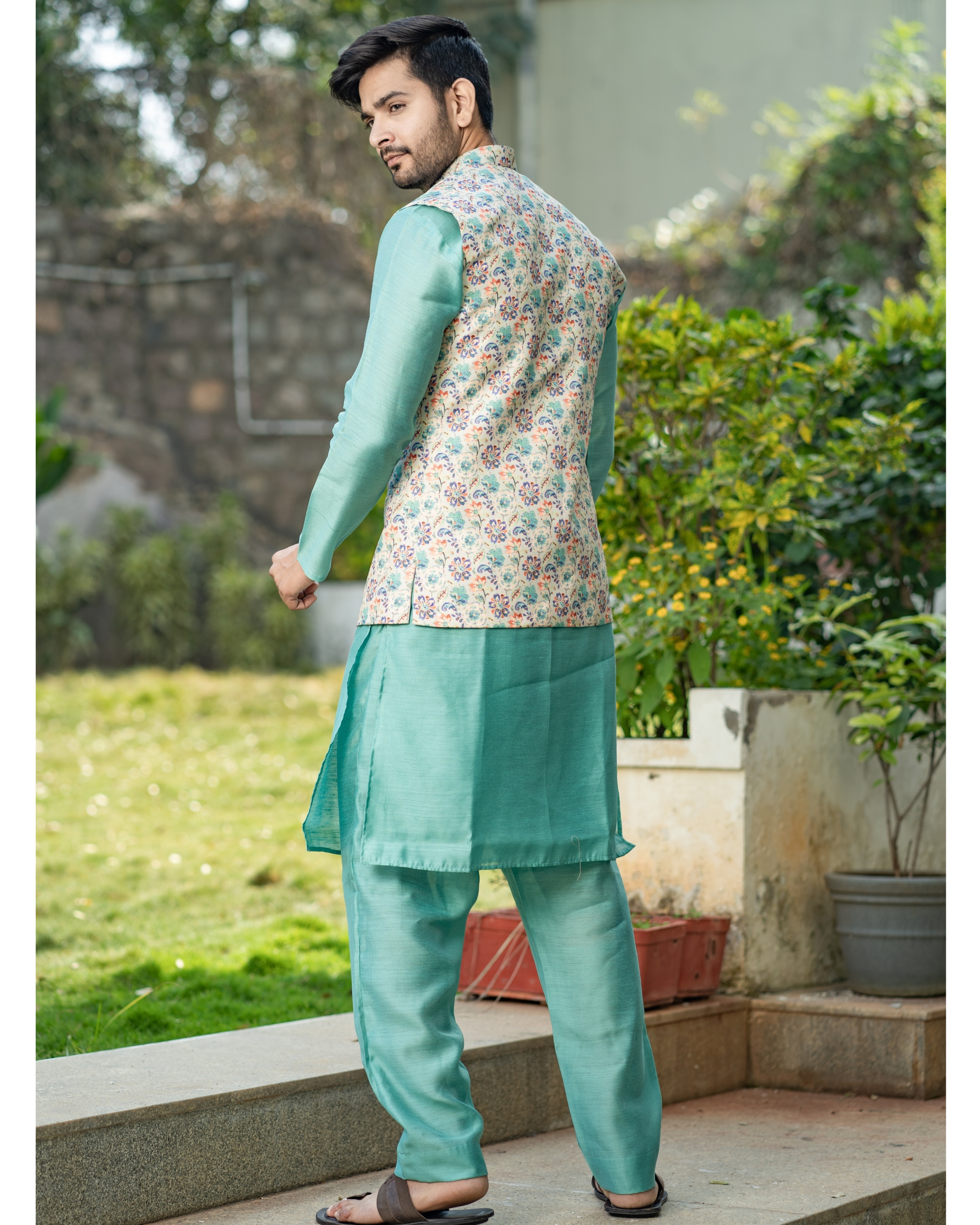 nehru jacket on blue kurta