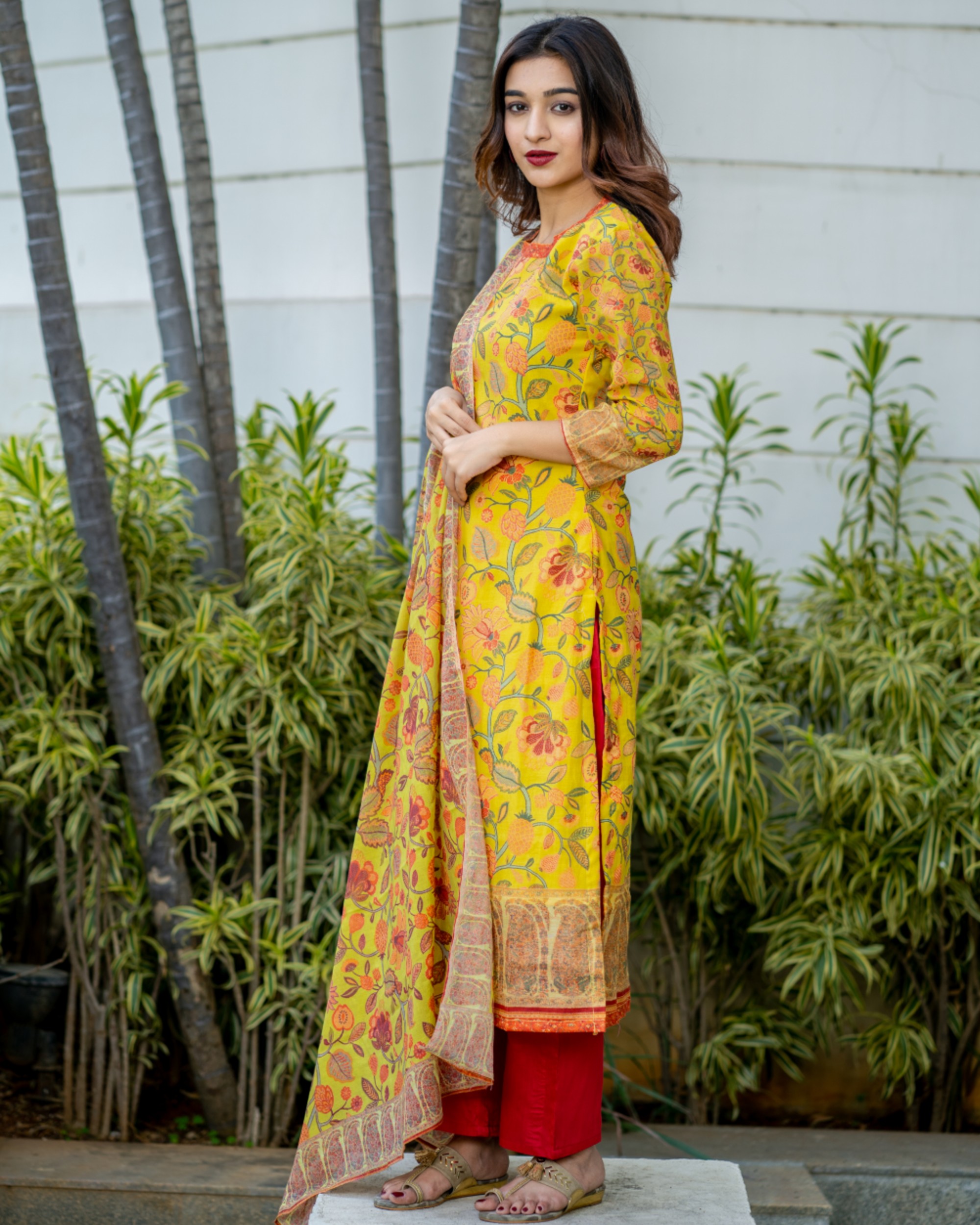 Mustard yellow and red floral printed kurta and pants set with dupatta ...