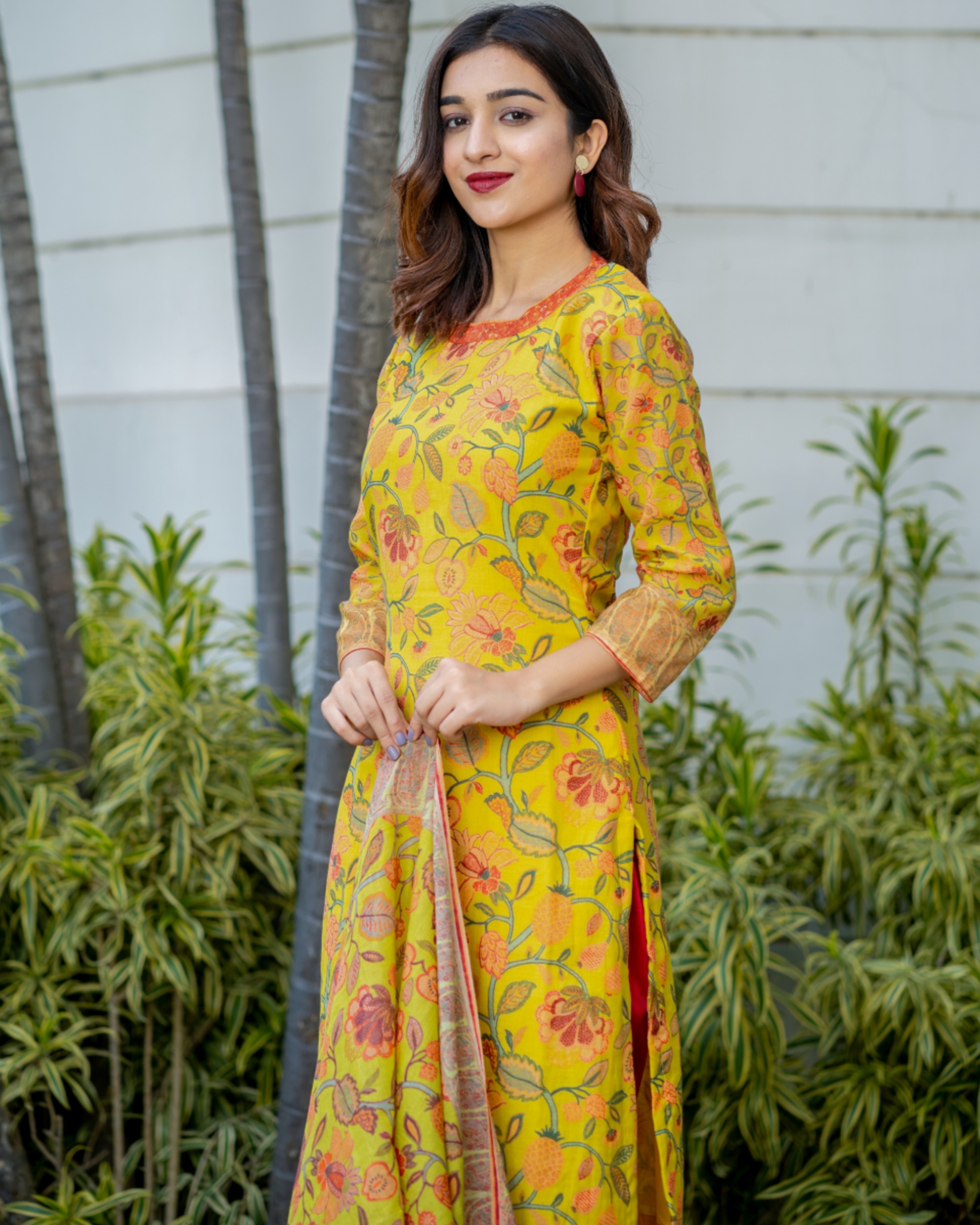 Mustard yellow and red floral printed kurta and pants set with dupatta ...
