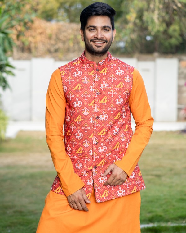 Yellowish orange kurta and pyjama with red printed jacket set- set of ...