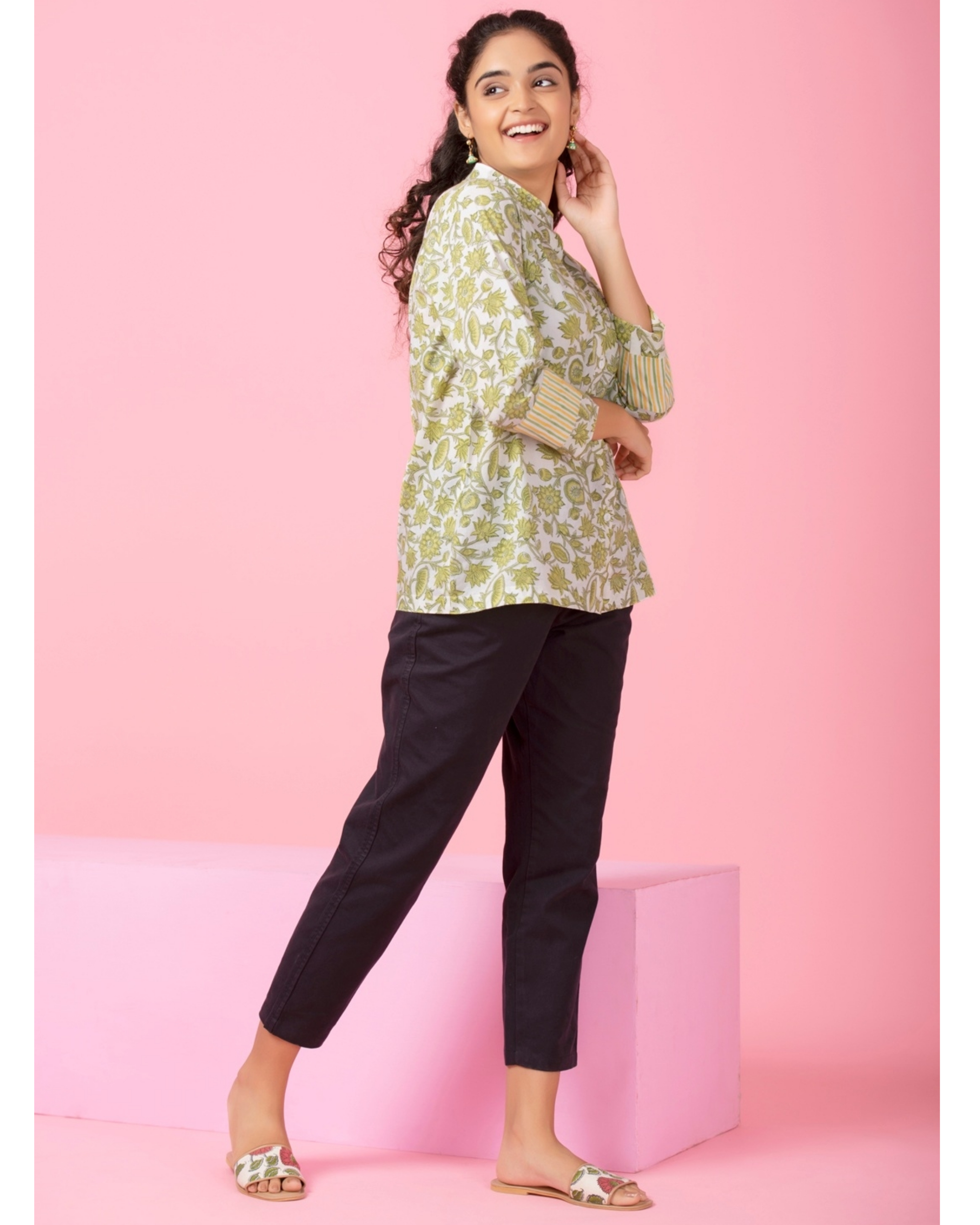 Chartreuse yellow floral printed shirt by Twirl Studio | The Secret Label