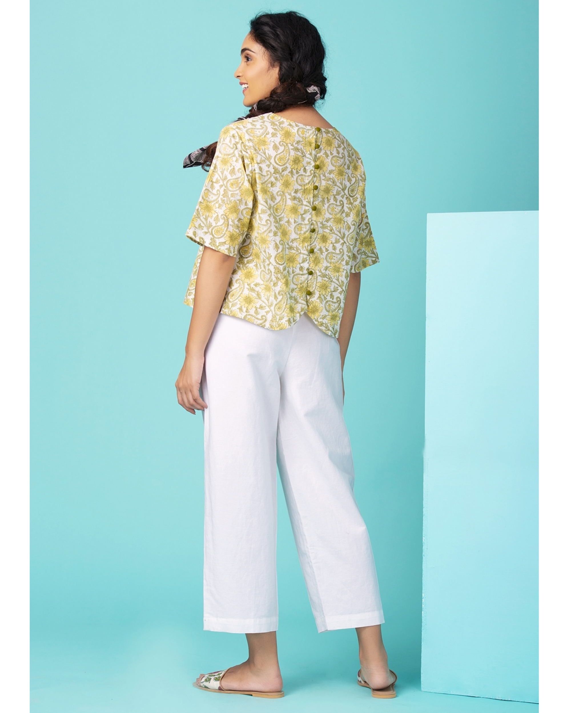 Yellow and white floral printed crop top by Twirl Studio The Secret Label