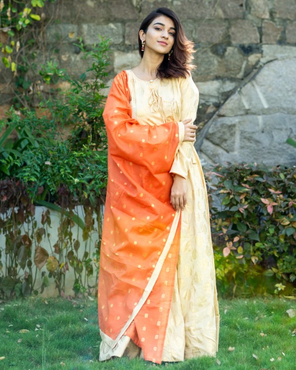 Light beige and orange printed flared dress with dupatta set- set of two 1