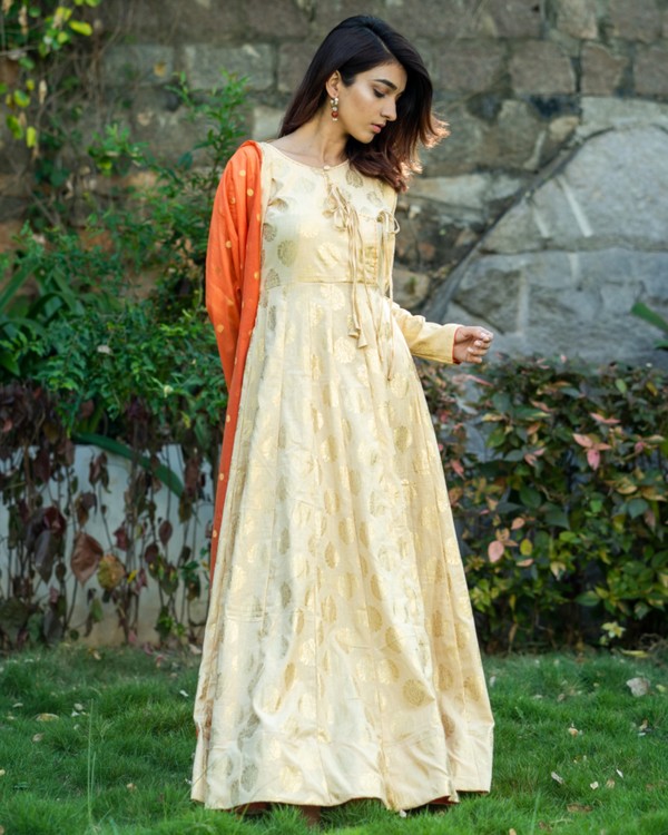 Light beige and orange printed flared dress with dupatta set- set of two 2