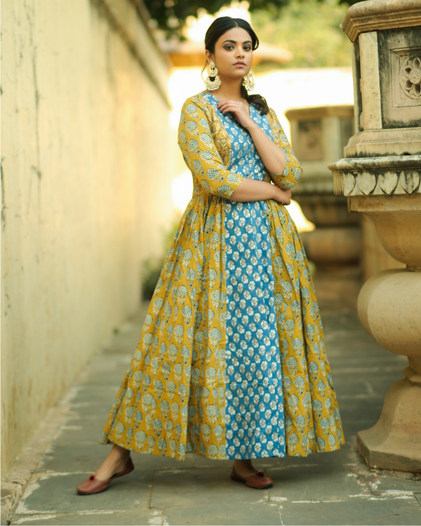 Mustard yellow and blue floral gathered kurta and pants set- set of two 2