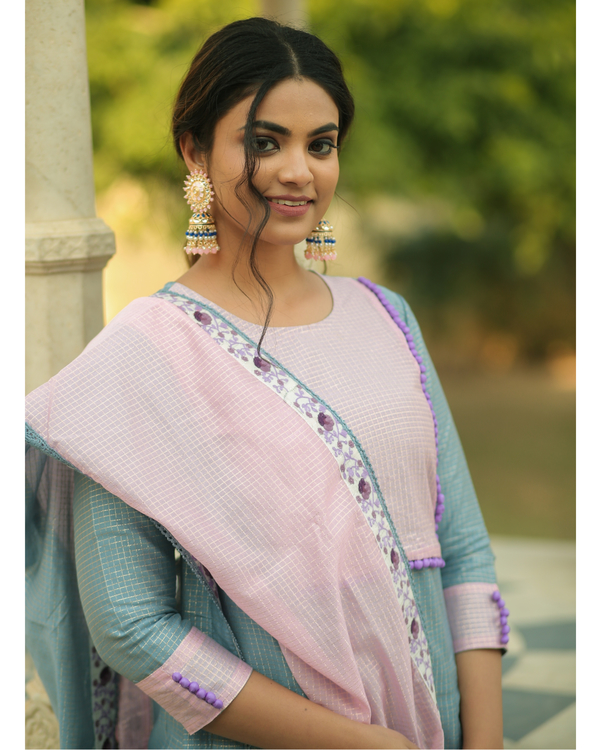 Frost blue and baby pink checkered chanderi kurta and gharara with dupatta- set of three 1