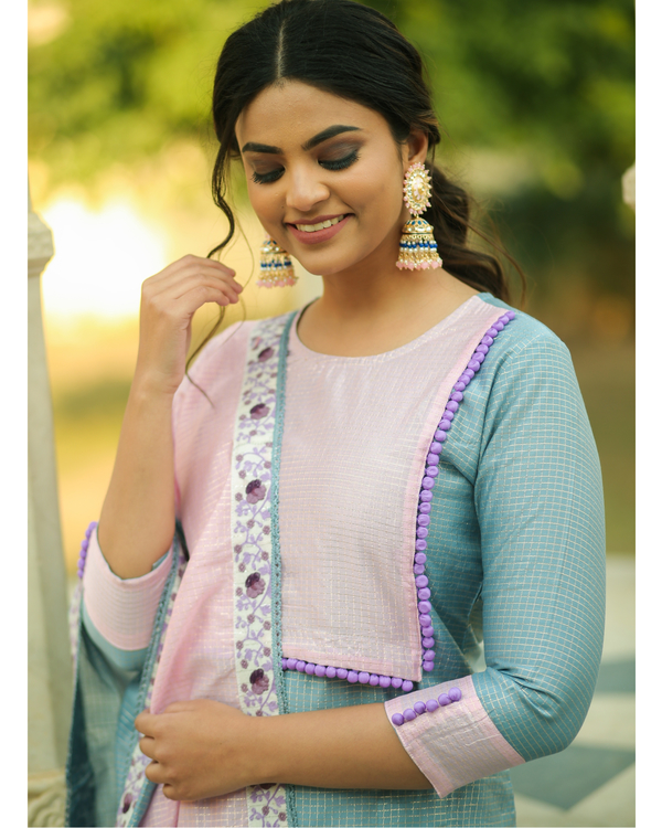 Frost blue and baby pink checkered chanderi kurta and gharara with dupatta- set of three 2
