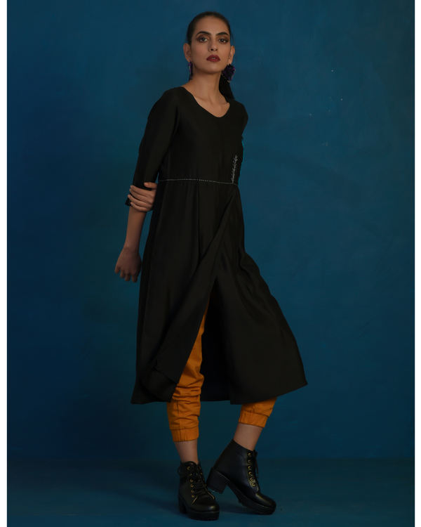 Black embroidered overlap kurta with mustard yellow jogger pants set