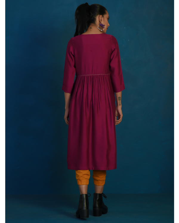 Wine embroidered overlap kurta with mustard yellow jogger pants set of