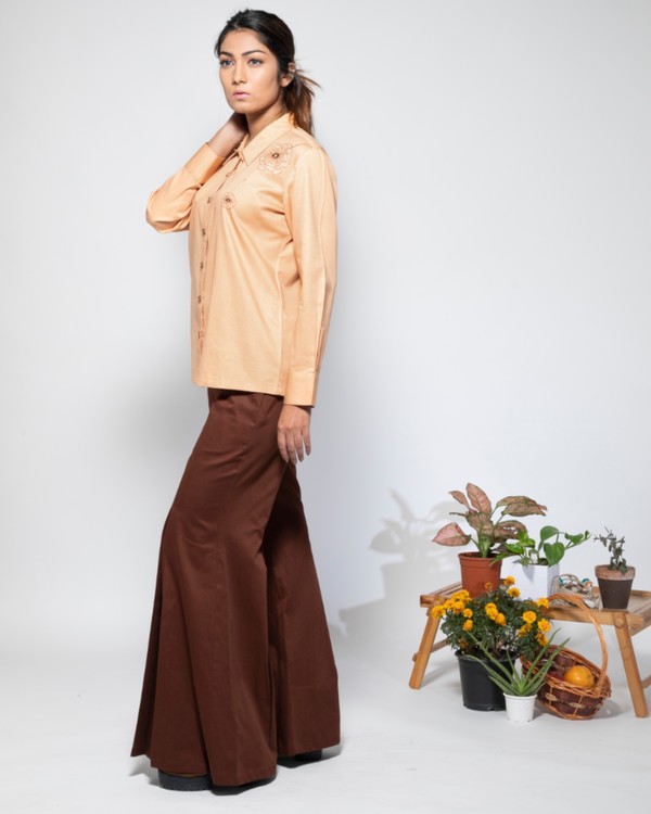 Light brown dandelion embroidered shirt and pants set- set of two 2