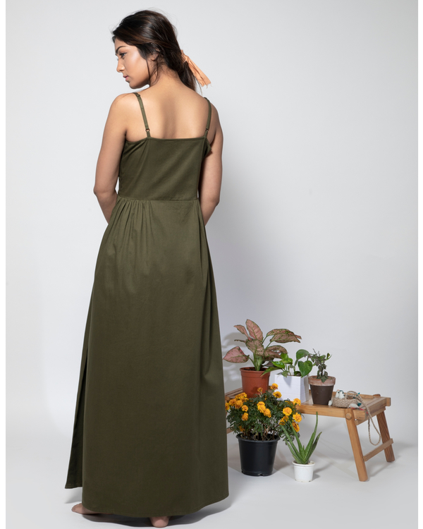 Olive green dandelion strappy maxi dress 1