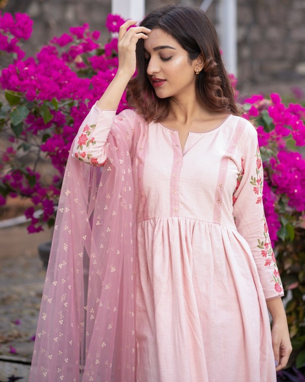 Baby pink panel embroidered gathered dress with net dupatta - set of ...