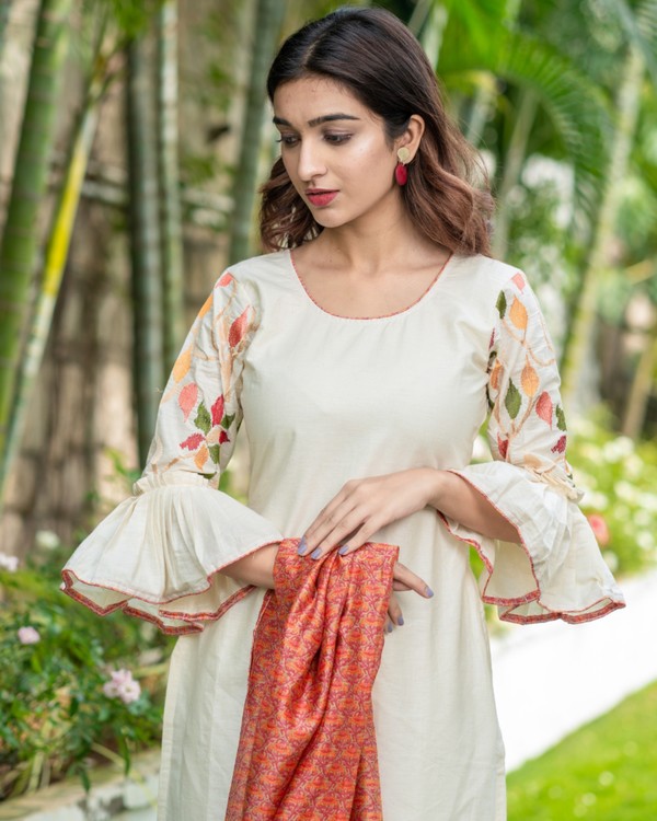 Off white floral embroidered kurta with printed chanderi dupatta set ...