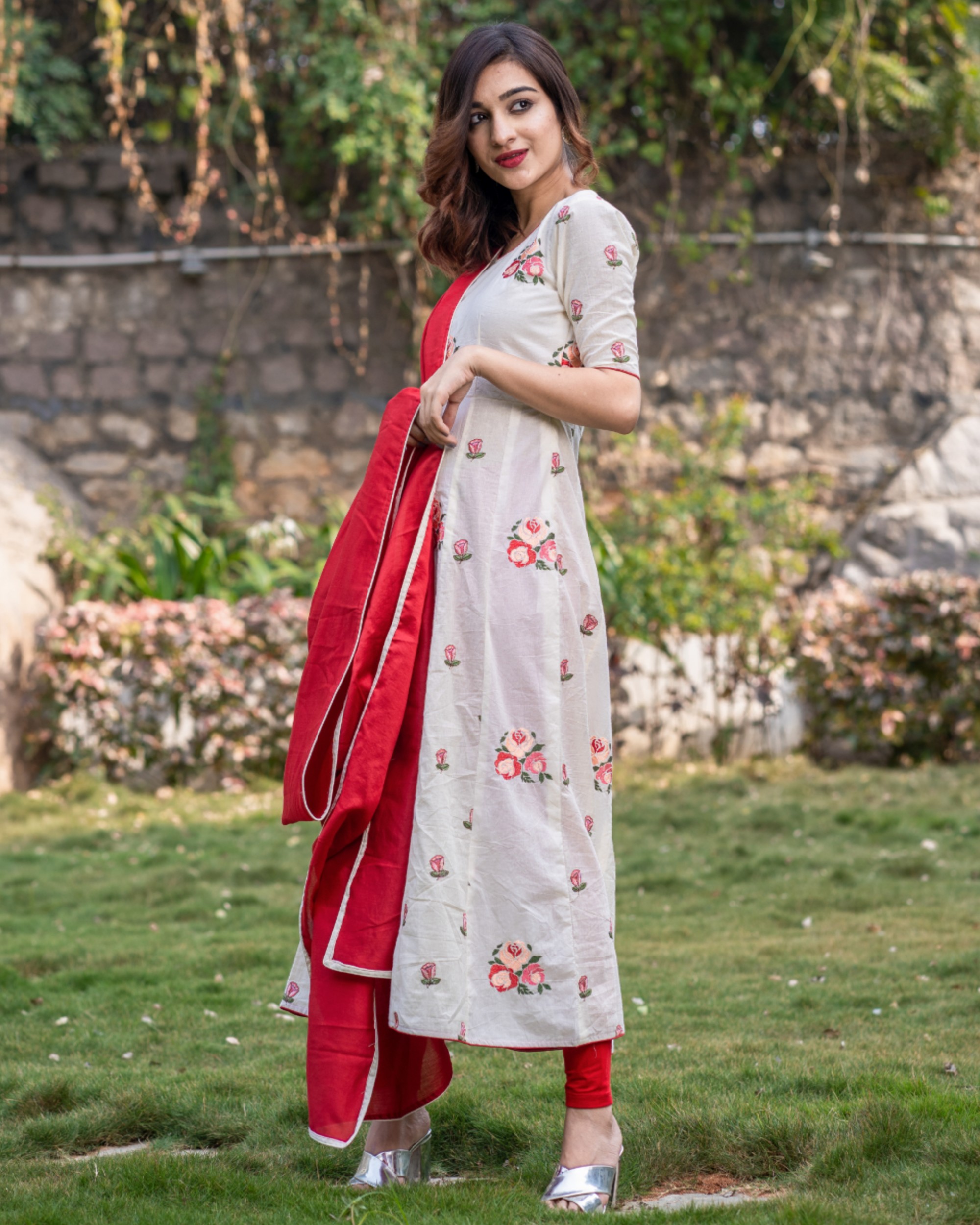 Off white rose embroidered kali dress with red chanderi dupatta set ...