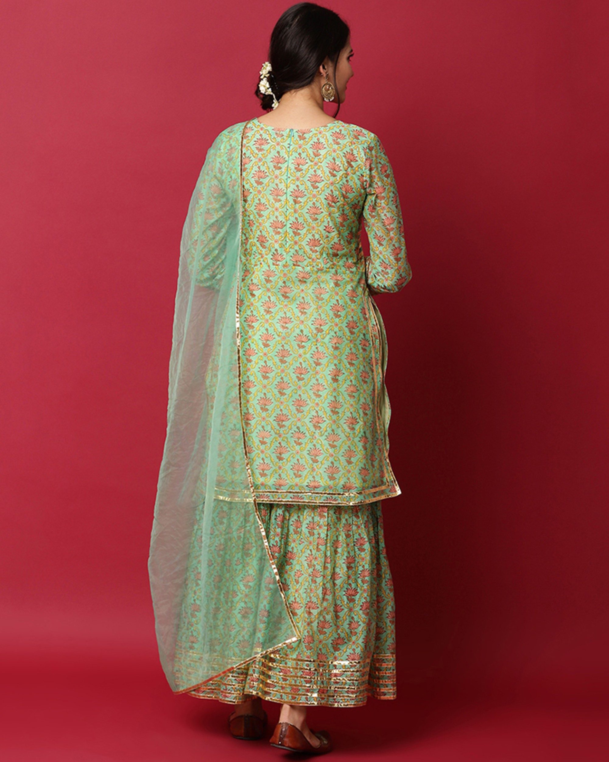 Green Printed Gota Kurta And Gharara With Organza Dupatta Set Of Three By Rivaaj The Secret Label 0750