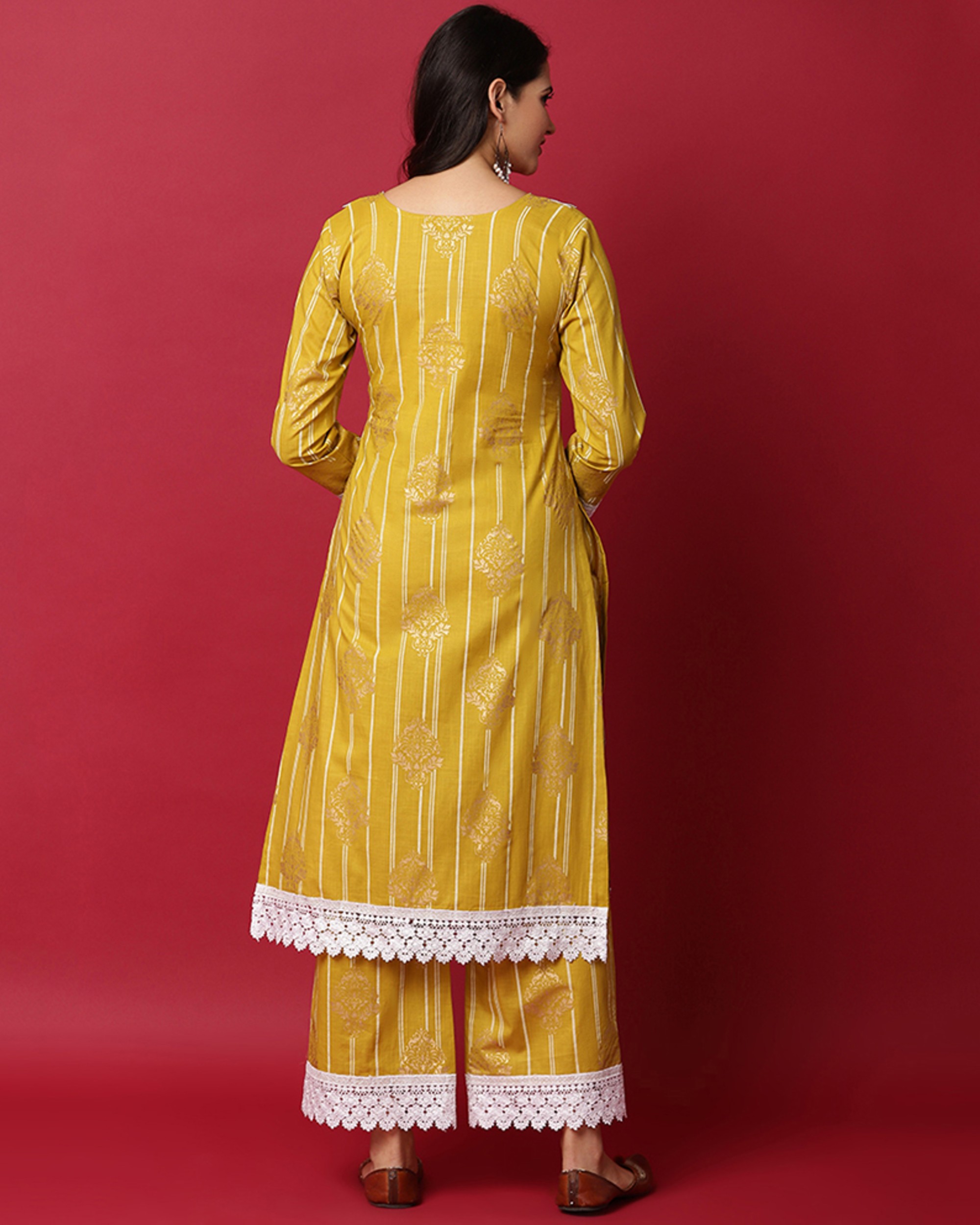 Mustard yellow crosia kurta and palazzo set set of two by Rivaaj