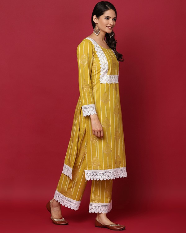 Mustard yellow crosia kurta and palazzo set set of two by Rivaaj