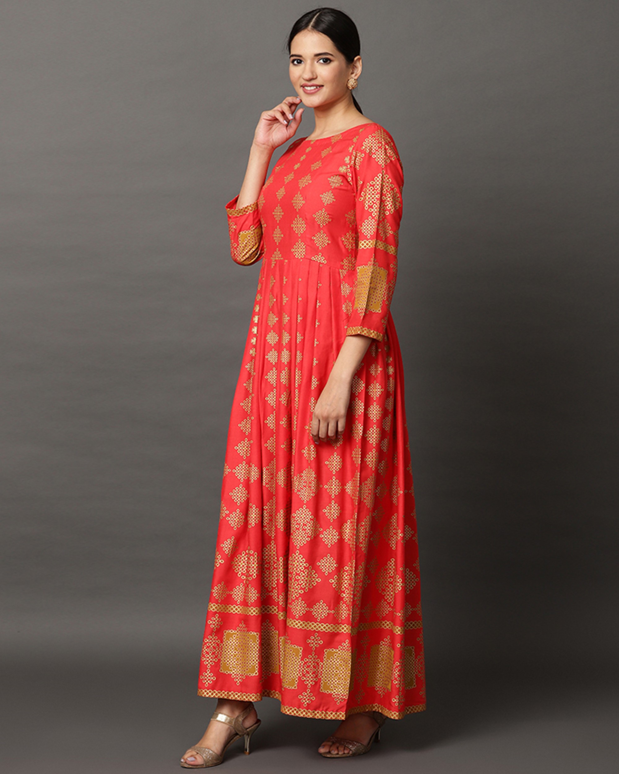 Coral red and gold pleated maxi dress by Rivaaj | The Secret Label