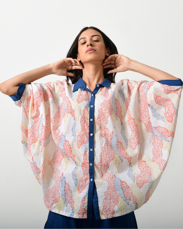 White and blue block printed batwing shirt 2