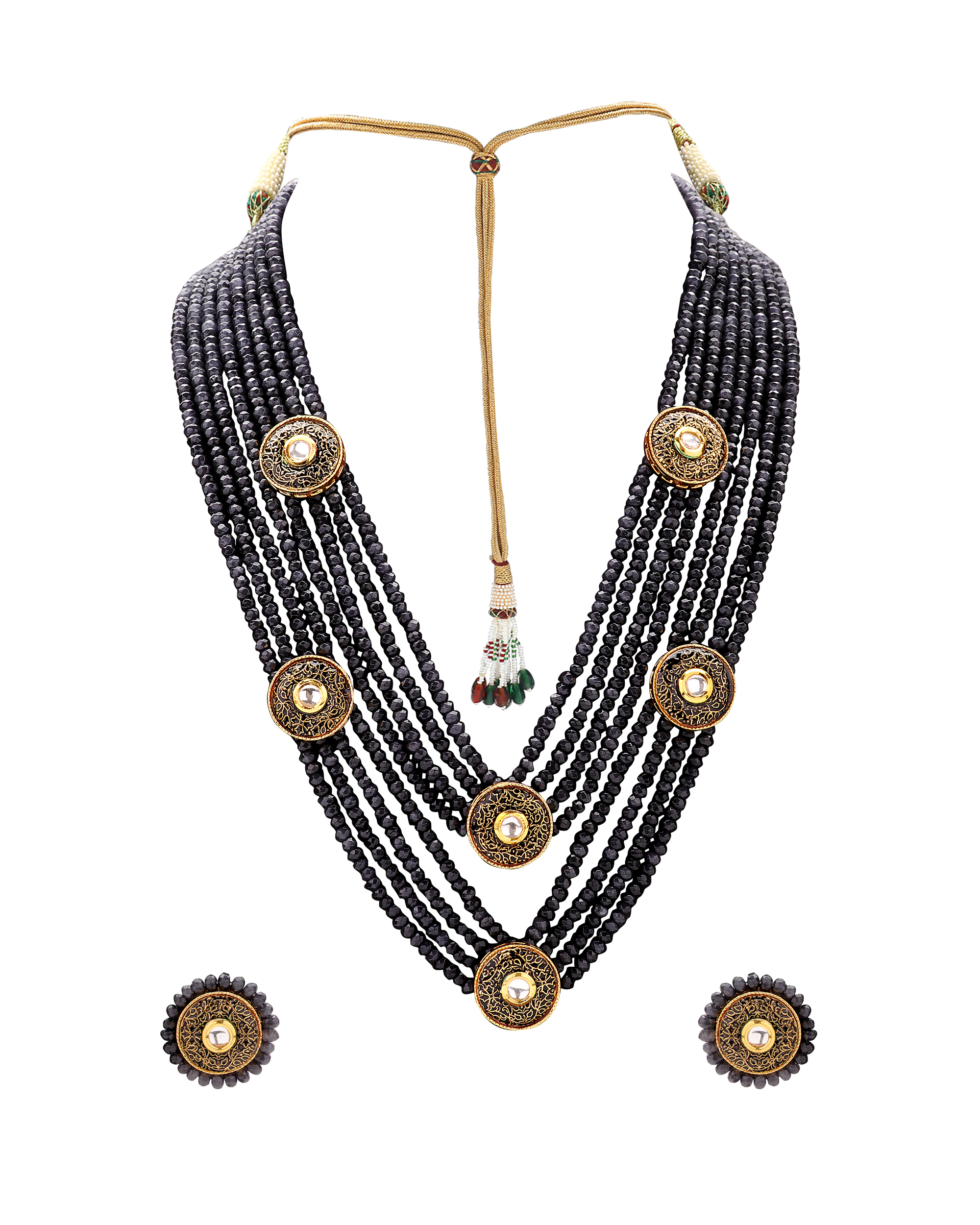 Deep Blue Agate Beaded And Imitation Polki Multi Layered Neckpiece Set