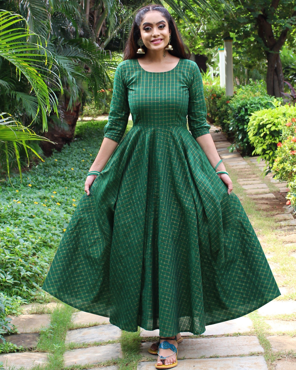 Pine green checkered handloom anarkali dress by Magizham | The Secret Label