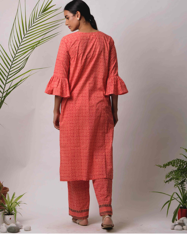 Peach hand block printed kurta and pants - set of two 1