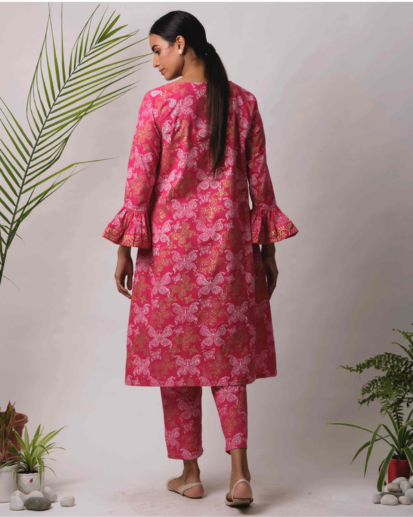 Hot pink butterfly hand block printed kurta with pants - set of two 1
