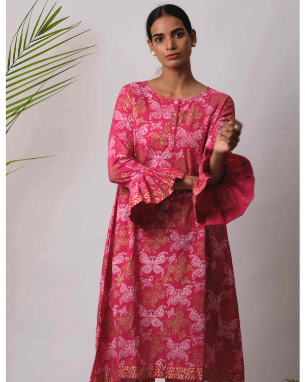 Hot pink butterfly hand block printed kurta with pants - set of two 2
