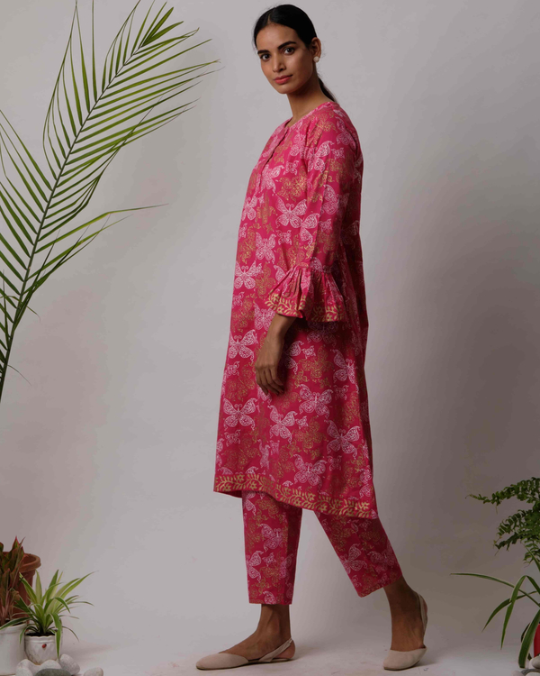 Hot pink butterfly hand block printed kurta with pants - set of two 3