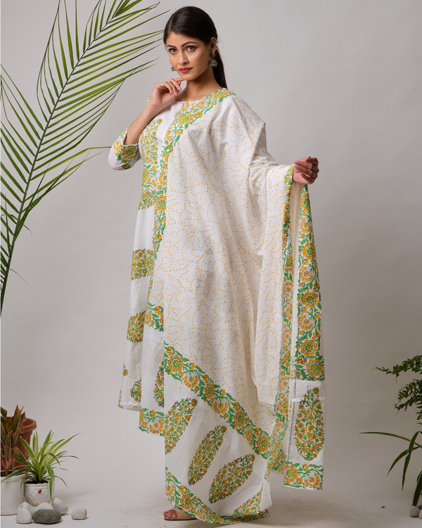 Off white and green cotton hand block printed dupatta 1