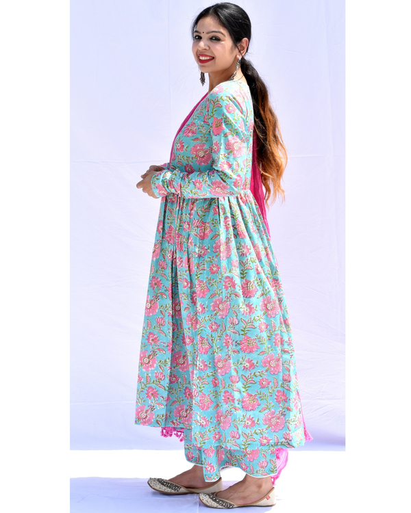 Blue Floral Gathered Anarkali Kurta And Palazzo With Pink Dupatta Set Set Of Three By Navya 1642