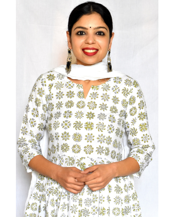 Ivory printed anarkali kurta and palazzo with dupatta set- set of three ...