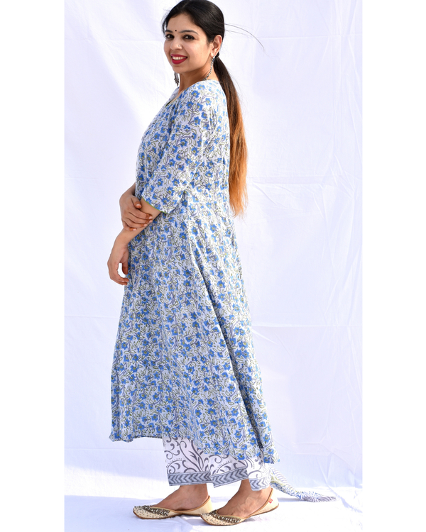 Blue and grey printed anarkali and palazzo with dupatta set- set of ...