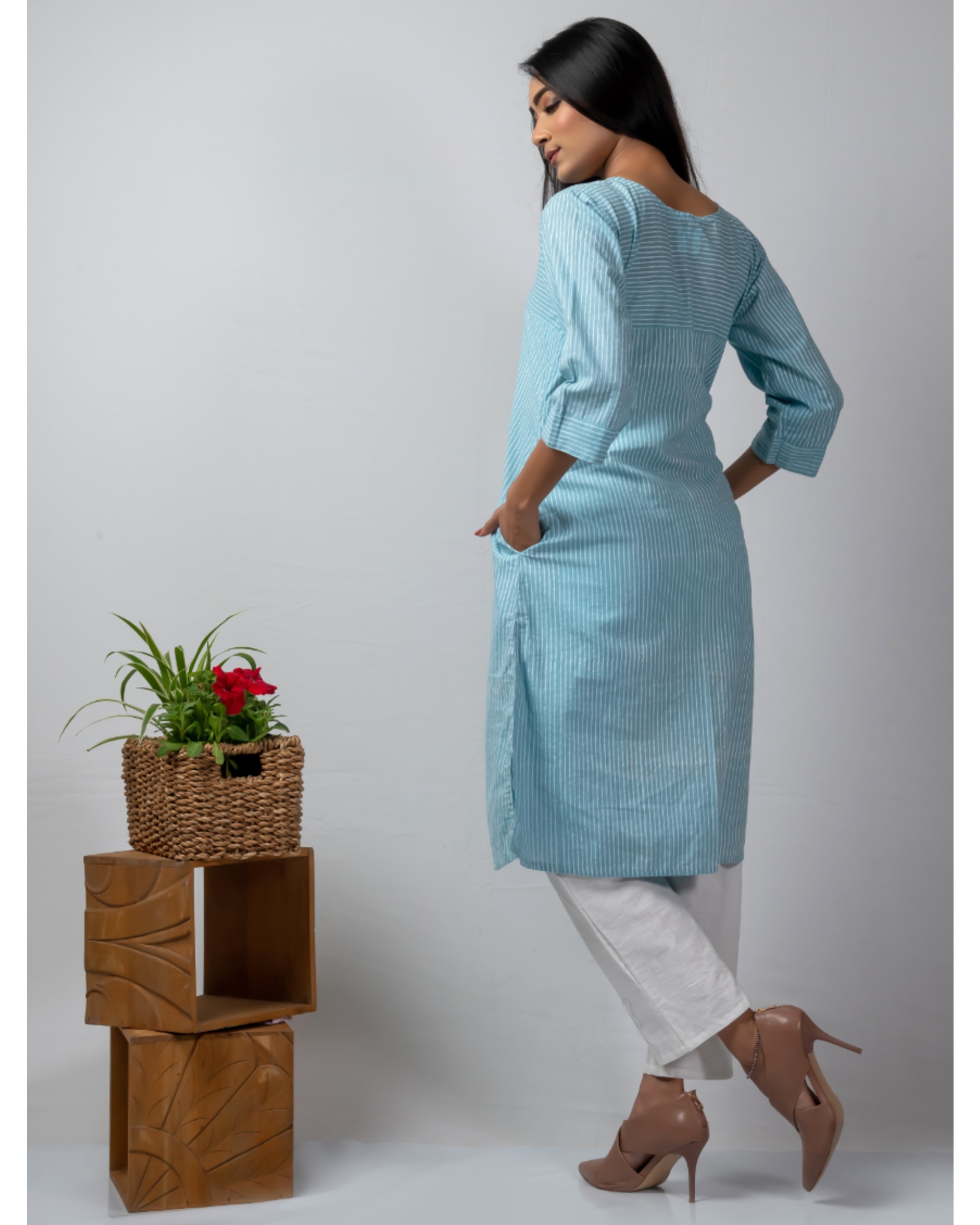 Blue and white striped kurta by Silai The Secret Label