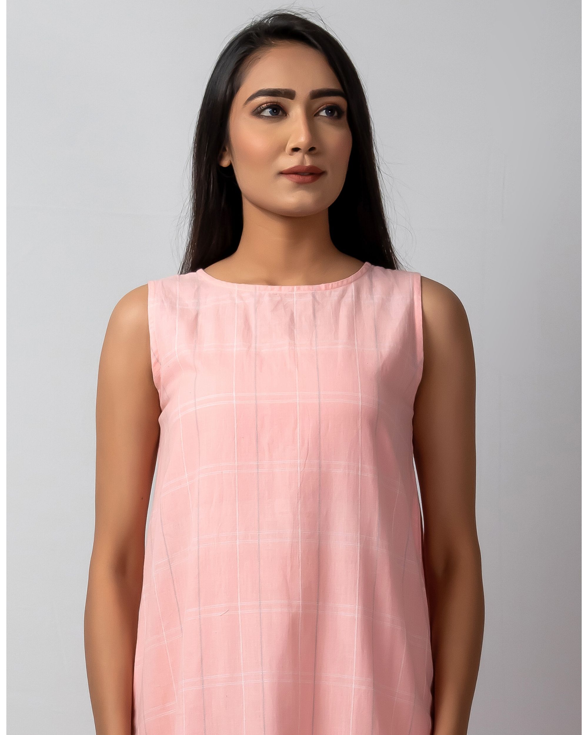 Pink checkered dress with gathered hem by Silai The Secret Label
