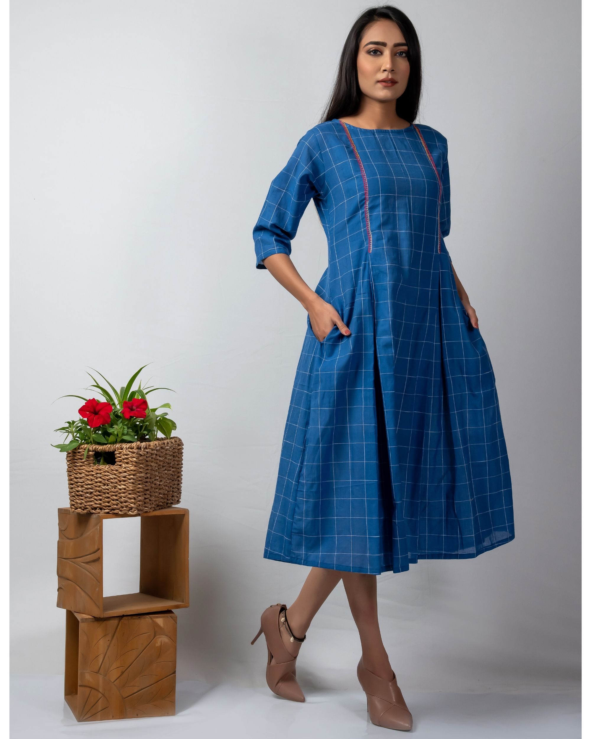 Blue checkered dress with embroidery by Silai | The Secret Label