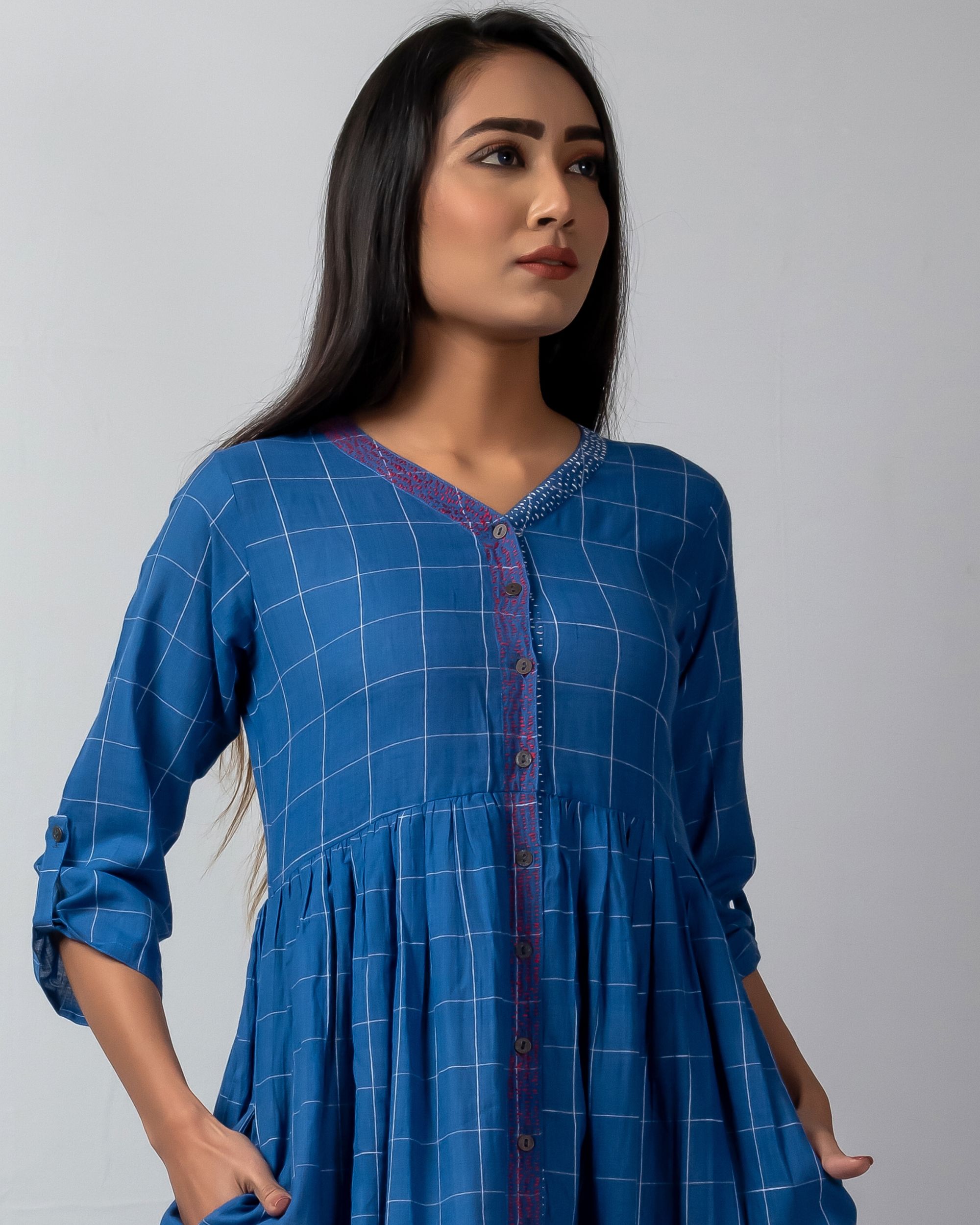 Blue checkered button down dress with katha embroidery by Silai | The ...