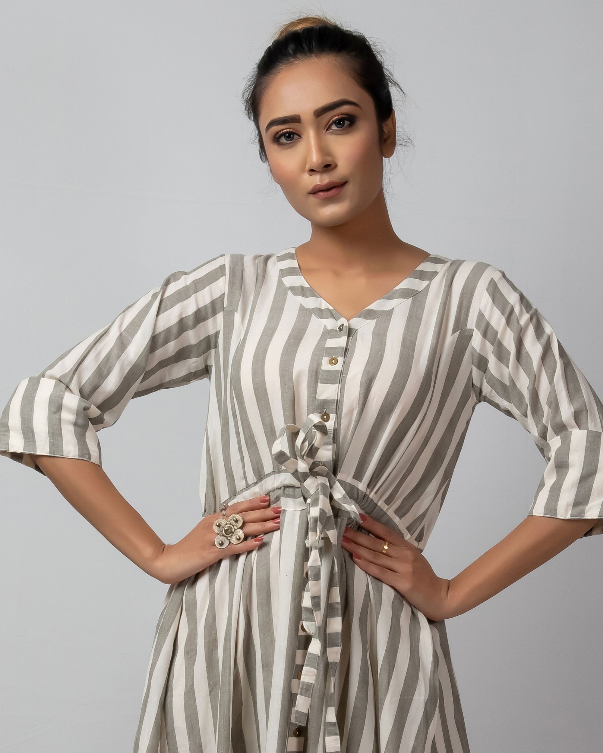 White grey striped button down dress by Silai The Secret Label