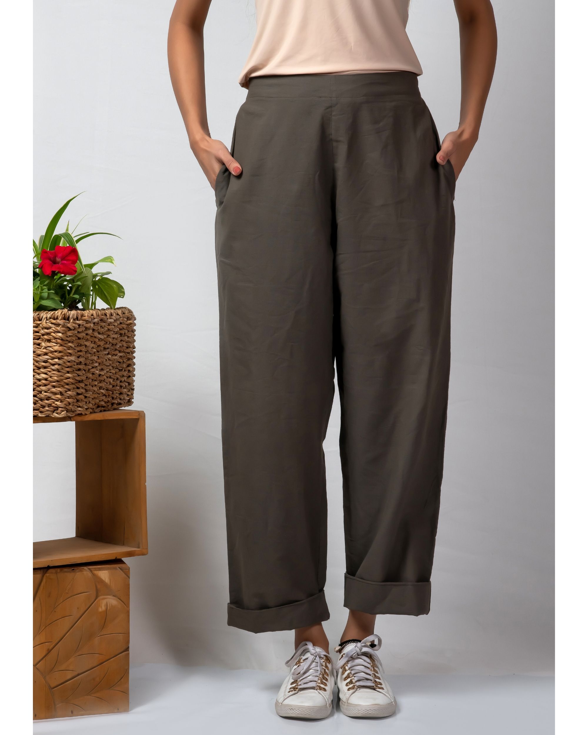 Grey rolled hem cotton pants by Silai | The Secret Label