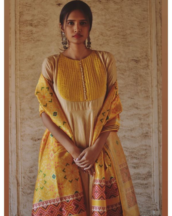 Beige and yellow pin tuck yoke dress and dupatta Set- Set Of Two 1