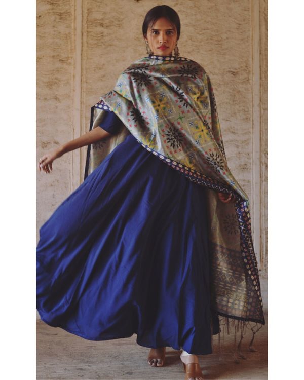 Navy blue flared dress and dupatta set- Set Of Two 1