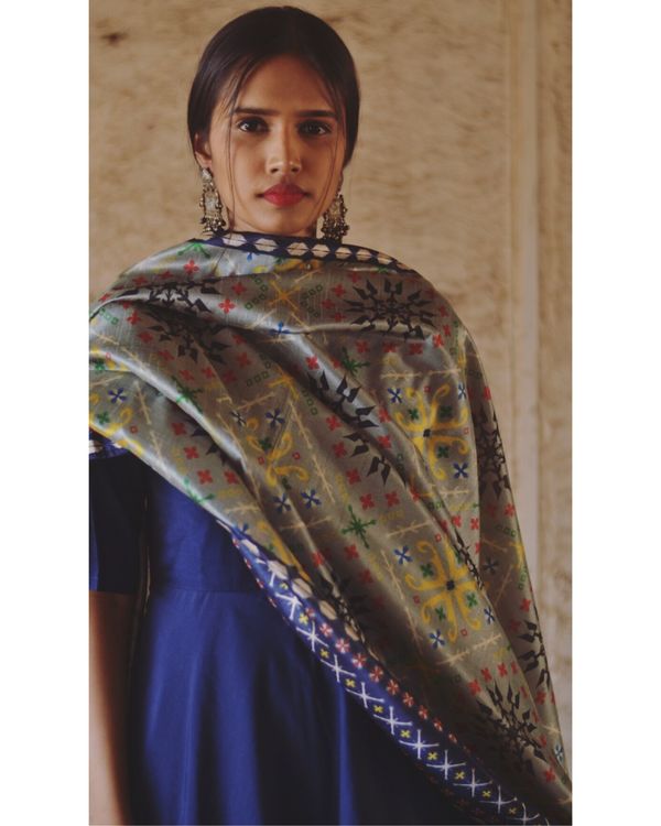 Navy blue flared dress and dupatta set- Set Of Two 2